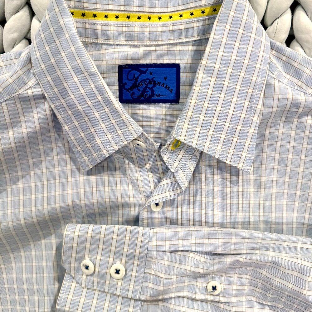 Tommy Bahama Men’s Button Down Shirt Medium Blue White Plaid Long Sleeve Cotton